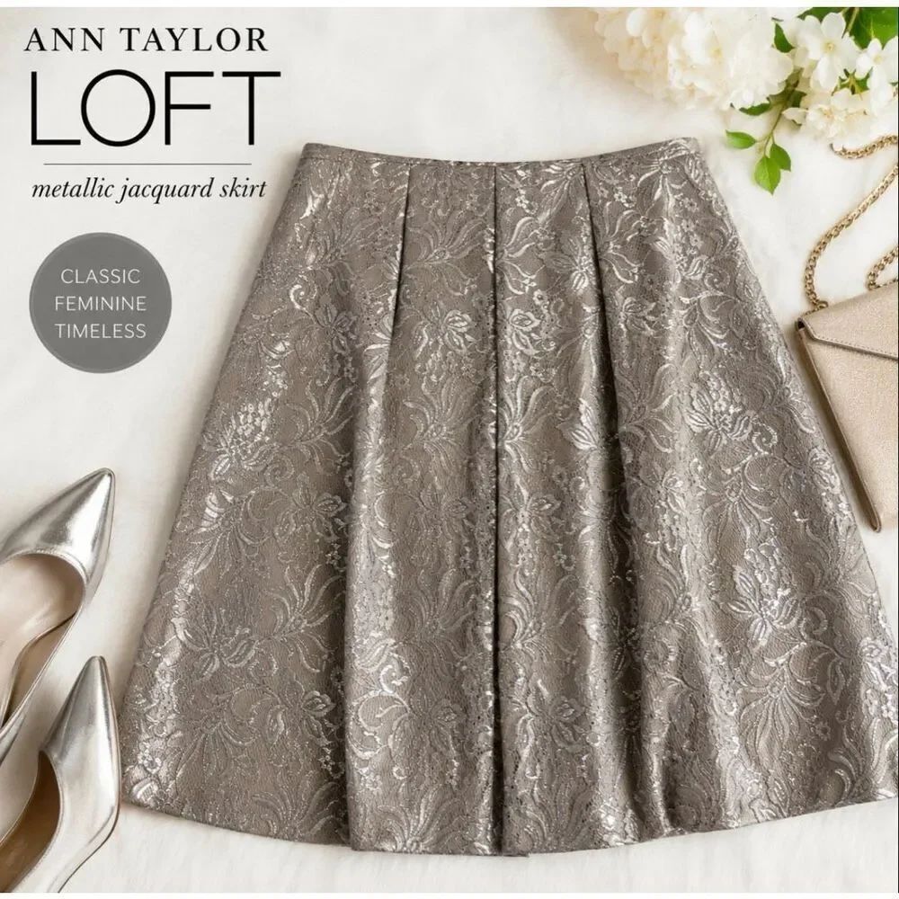 Ann Taylor LOFT Silver Brocade A-Line Skirt Size 8